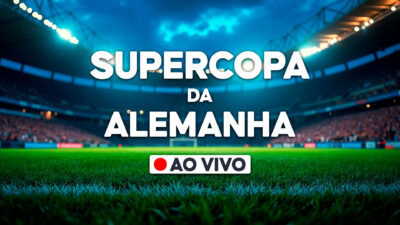 Estádio de futebol iluminado com gramado e arquibancadas ao fundo e texto Supercopa da Alemanha ao vivo