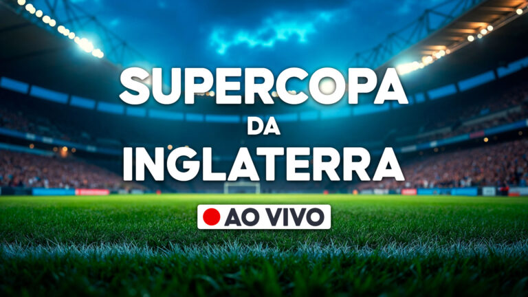 Estádio de futebol iluminado com gramado e arquibancadas ao fundo e texto Supercopa da Inglaterra ao vivo