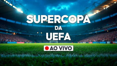Arte da Supercopa da UEFA com estádio iluminado ao fundo e chamada para transmissão ao vivo no centro