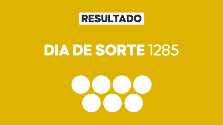 Arte gráfica com fundo amarelo, faixa branca com a palavra Resultado, texto Dia de Sorte 1285 em branco e sete círculos brancos abaixo representando dezenas do sorteio