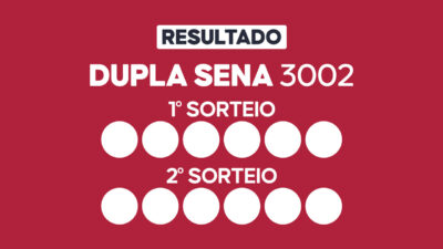 Arte com fundo vinho exibe Resultado Dupla Sena 3002 com primeiro e segundo sorteio e doze círculos brancos