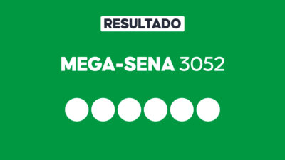 Arte gráfica com fundo verde, faixa branca com a palavra Resultado, texto Mega-Sena 3052 em branco e seis círculos brancos alinhados representando dezenas do sorteio