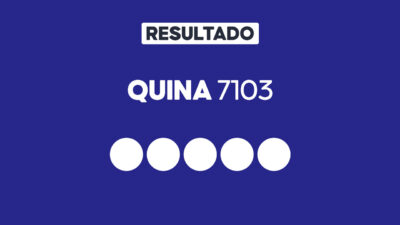 Arte gráfica com fundo azul, faixa branca com a palavra Resultado, texto Quina 7103 em branco e cinco círculos brancos alinhados representando dezenas do sorteio