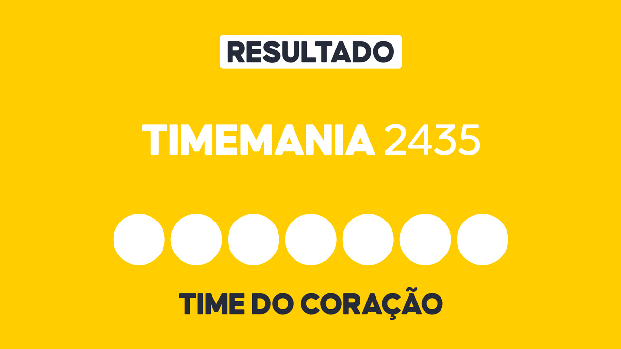 Arte gráfica com fundo amarelo, faixa branca com a palavra Resultado, texto Timemania 2435 em branco, sete círculos brancos e a inscrição Time do Coração na parte inferior representando dezenas e campo adicional do sorteio