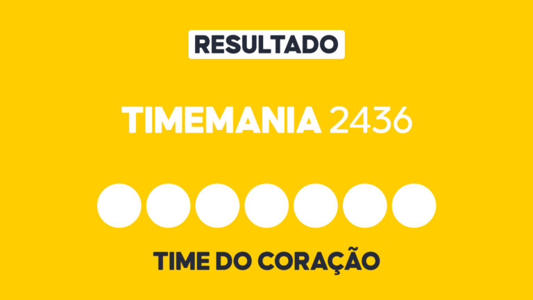 Arte gráfica com fundo amarelo, faixa branca com a palavra Resultado, texto Timemania 2436 em branco, sete círculos brancos e a inscrição Time do Coração na parte inferior representando dezenas e campo adicional do sorteio