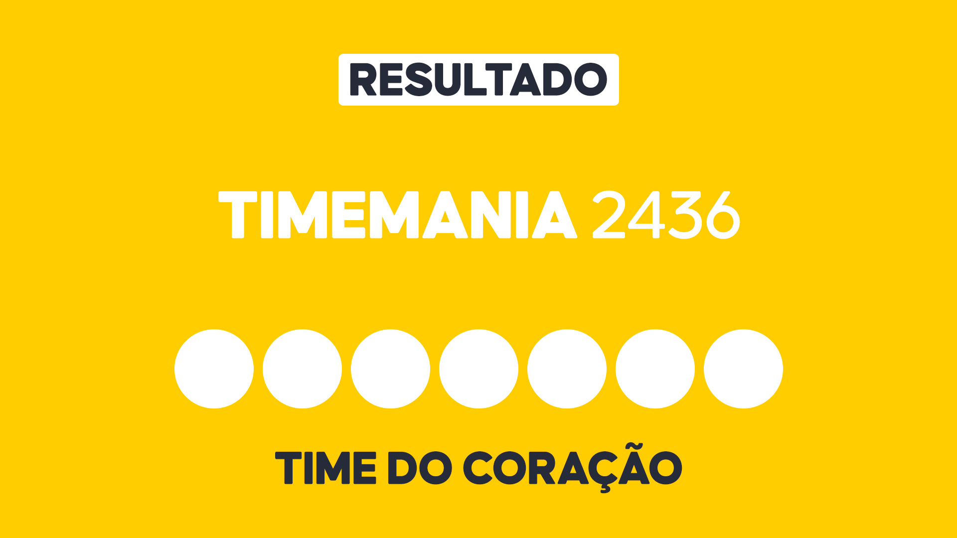 Arte gráfica com fundo amarelo, faixa branca com a palavra Resultado, texto Timemania 2436 em branco, sete círculos brancos e a inscrição Time do Coração na parte inferior representando dezenas e campo adicional do sorteio