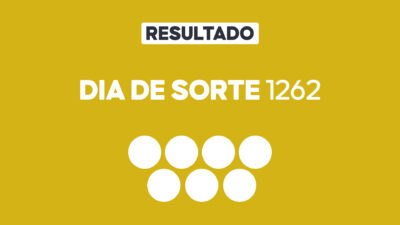 Arte gráfica com fundo amarelo, faixa branca com a palavra Resultado, texto Dia de Sorte 1262 em branco e sete círculos brancos abaixo representando dezenas do sorteio