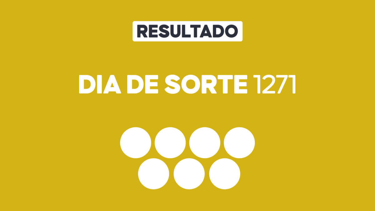 Arte gráfica com fundo amarelo, faixa branca com a palavra Resultado, texto Dia de Sorte 1271 em branco e sete círculos brancos abaixo representando dezenas do sorteio