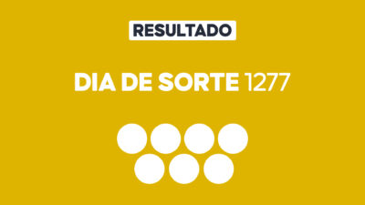 Arte gráfica com fundo amarelo, faixa branca com a palavra Resultado, texto Dia de Sorte 1277 em branco e sete círculos brancos abaixo representando dezenas do sorteio