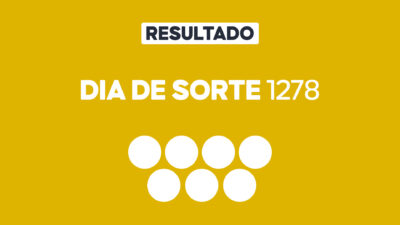 Arte gráfica com fundo amarelo, faixa branca com a palavra Resultado, texto Dia de Sorte 1278 em branco e sete círculos brancos abaixo representando dezenas do sorteio