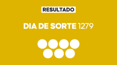 Arte gráfica com fundo amarelo, faixa branca com a palavra Resultado, texto Dia de Sorte 1279 em branco e sete círculos brancos abaixo representando dezenas do sorteio