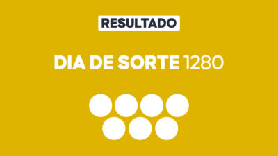 Arte gráfica com fundo amarelo, faixa branca com a palavra Resultado, texto Dia de Sorte 1280 em branco e sete círculos brancos abaixo representando dezenas do sorteio
