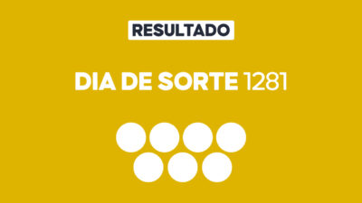 Arte gráfica com fundo amarelo, faixa branca com a palavra Resultado, texto Dia de Sorte 1281 em branco e sete círculos brancos abaixo representando dezenas do sorteio