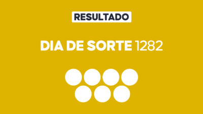 Arte gráfica com fundo amarelo, faixa branca com a palavra Resultado, texto Dia de Sorte 1282 em branco e sete círculos brancos abaixo representando dezenas do sorteio