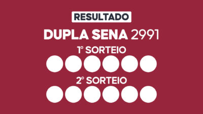 Arte com fundo vinho exibe Resultado Dupla Sena 2991 com primeiro e segundo sorteio e doze círculos brancos