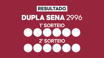 Arte com fundo vinho exibe Resultado Dupla Sena 2996 com primeiro e segundo sorteio e doze círculos brancos