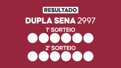 Arte com fundo vinho exibe Resultado Dupla Sena 2997 com primeiro e segundo sorteio e doze círculos brancos