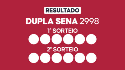 Arte com fundo vinho exibe Resultado Dupla Sena 2998 com primeiro e segundo sorteio e doze círculos brancos