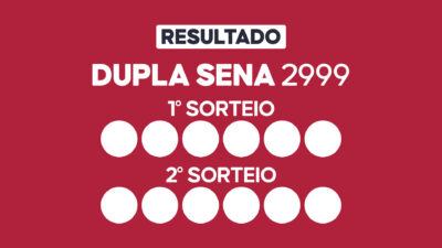Arte com fundo vinho exibe Resultado Dupla Sena 2999 com primeiro e segundo sorteio e doze círculos brancos
