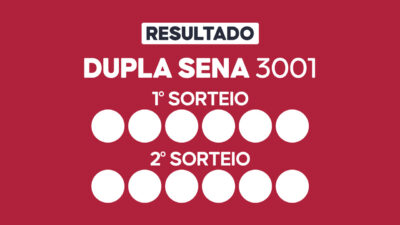 Arte com fundo vinho exibe Resultado Dupla Sena 3001 com primeiro e segundo sorteio e doze círculos brancos