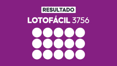 Arte gráfica com fundo roxo, faixa branca com a palavra Resultado, texto Lotofácil 3756 em branco e grade com 15 círculos brancos representando dezenas do sorteio