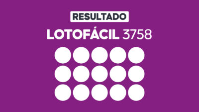 Arte gráfica com fundo roxo, faixa branca com a palavra Resultado, texto Lotofácil 3758 em branco e grade com 15 círculos brancos representando dezenas do sorteio