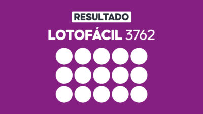 Arte gráfica com fundo roxo, faixa branca com a palavra Resultado, texto Lotofácil 3762 em branco e grade com 15 círculos brancos representando dezenas do sorteio