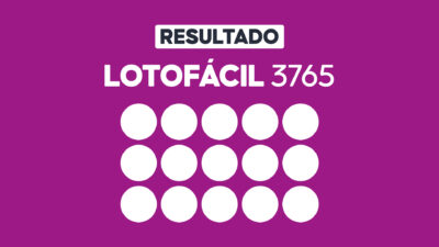 Arte gráfica com fundo roxo, faixa branca com a palavra Resultado, texto Lotofácil 3765 em branco e grade com 15 círculos brancos representando dezenas do sorteio