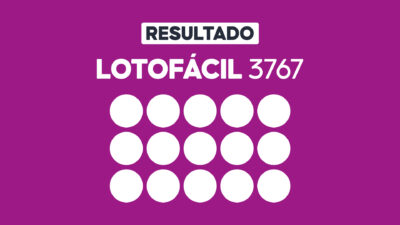 Arte gráfica com fundo roxo, faixa branca com a palavra Resultado, texto Lotofácil 3767 em branco e grade com 15 círculos brancos representando dezenas do sorteio
