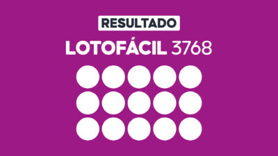 Arte gráfica com fundo roxo, faixa branca com a palavra Resultado, texto Lotofácil 3768 em branco e grade com 15 círculos brancos representando dezenas do sorteio