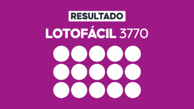 Arte gráfica com fundo roxo, faixa branca com a palavra Resultado, texto Lotofácil 3770 em branco e grade com 15 círculos brancos representando dezenas do sorteio