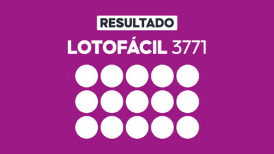 Arte gráfica com fundo roxo, faixa branca com a palavra Resultado, texto Lotofácil 3771 em branco e grade com 15 círculos brancos representando dezenas do sorteio