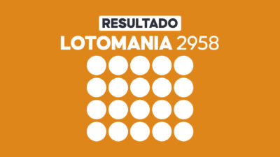 Arte com fundo laranja exibe Resultado Lotomania 2958 e vinte círculos brancos para os números sorteados