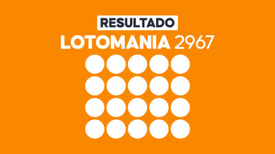 Arte com fundo laranja exibe Resultado Lotomania 2967 e vinte círculos brancos para os números sorteados