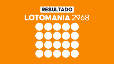Arte com fundo laranja exibe Resultado Lotomania 2968 e vinte círculos brancos para os números sorteados