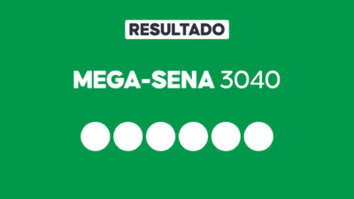 Arte gráfica com fundo verde, faixa branca com a palavra Resultado, texto Mega-Sena 3040 em branco e seis círculos brancos alinhados representando dezenas do sorteio