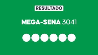 Arte gráfica com fundo verde, faixa branca com a palavra Resultado, texto Mega-Sena 3041 em branco e seis círculos brancos alinhados representando dezenas do sorteio