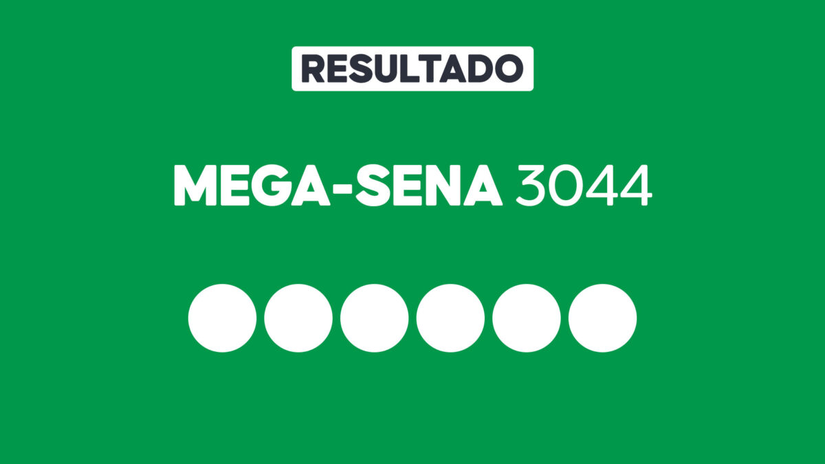 Arte gráfica com fundo verde, faixa branca com a palavra Resultado, texto Mega-Sena 3044 em branco e seis círculos brancos alinhados representando dezenas do sorteio