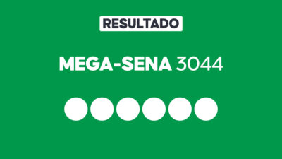Arte gráfica com fundo verde, faixa branca com a palavra Resultado, texto Mega-Sena 3044 em branco e seis círculos brancos alinhados representando dezenas do sorteio