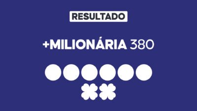 Arte gráfica com fundo azul, faixa branca com a palavra Resultado, texto +Milionária 380 em branco, seis círculos brancos e dois símbolos de trevo abaixo representando dezenas e trevos do sorteio