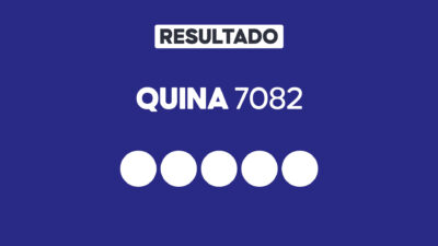 Arte gráfica com fundo azul, faixa branca com a palavra Resultado, texto Quina 7082 em branco e cinco círculos brancos alinhados representando dezenas do sorteio