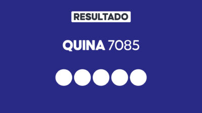Arte gráfica com fundo azul, faixa branca com a palavra Resultado, texto Quina 7085 em branco e cinco círculos brancos alinhados representando dezenas do sorteio