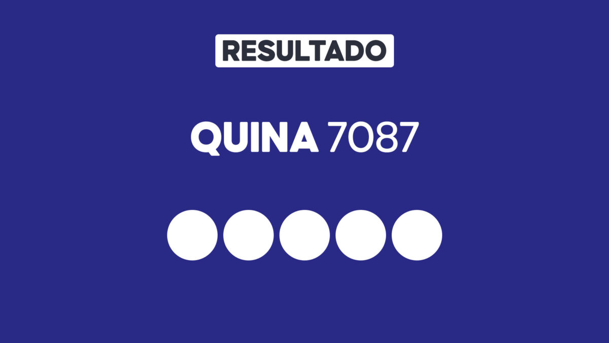 Arte gráfica com fundo azul, faixa branca com a palavra Resultado, texto Quina 7087 em branco e cinco círculos brancos alinhados representando dezenas do sorteio