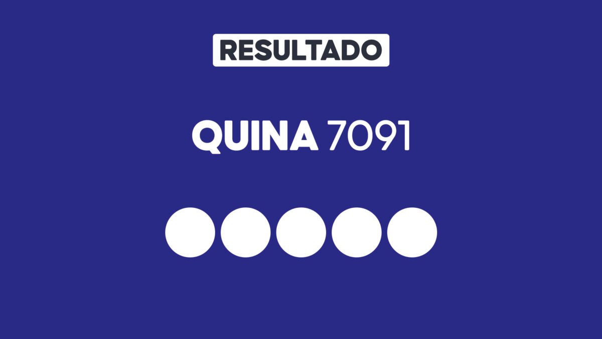 Arte gráfica com fundo azul, faixa branca com a palavra Resultado, texto Quina 7091 em branco e cinco círculos brancos alinhados representando dezenas do sorteio