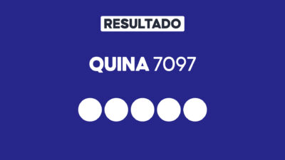Arte gráfica com fundo azul, faixa branca com a palavra Resultado, texto Quina 7097 em branco e cinco círculos brancos alinhados representando dezenas do sorteio