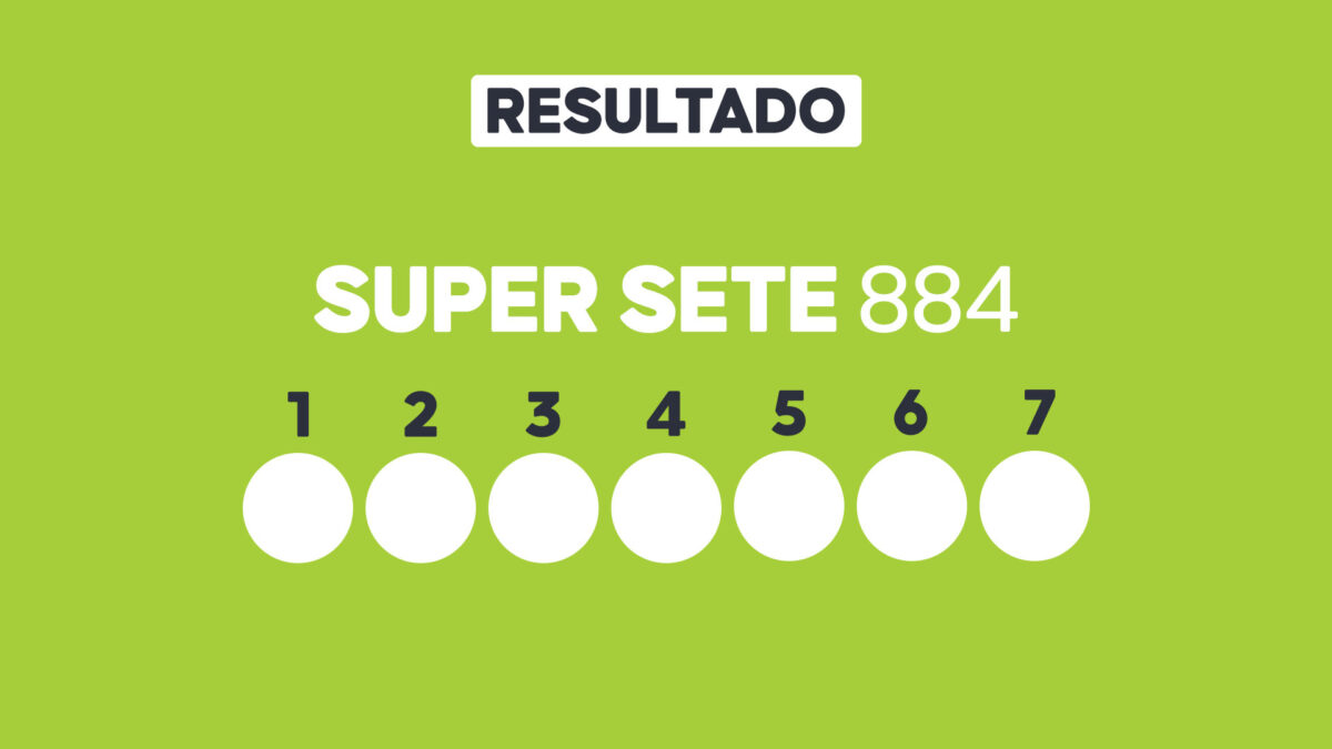 Arte com fundo verde-claro exibe Resultado Super Sete 884 e sete círculos brancos numerados de 1 a 7 para os resultados sorteados
