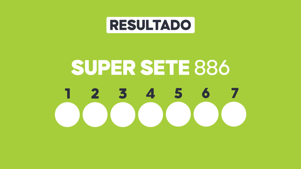 Arte com fundo verde-claro exibe Resultado Super Sete 886 e sete círculos brancos numerados de 1 a 7 para os resultados sorteados