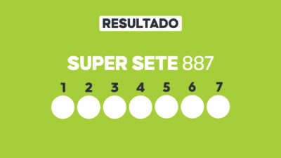 Arte com fundo verde-claro exibe Resultado Super Sete 887 e sete círculos brancos numerados de 1 a 7 para os resultados sorteados