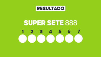 Arte com fundo verde-claro exibe Resultado Super Sete 888 e sete círculos brancos numerados de 1 a 7 para os resultados sorteados
