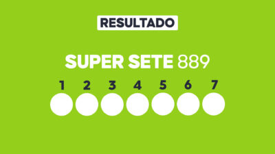 Arte com fundo verde-claro exibe Resultado Super Sete 889 e sete círculos brancos numerados de 1 a 7 para os resultados sorteados